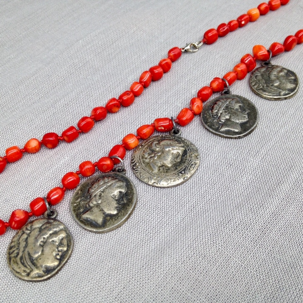 Vintage Coral & Greek Coin Necklace & Earrings Set - Picture 6 of 11